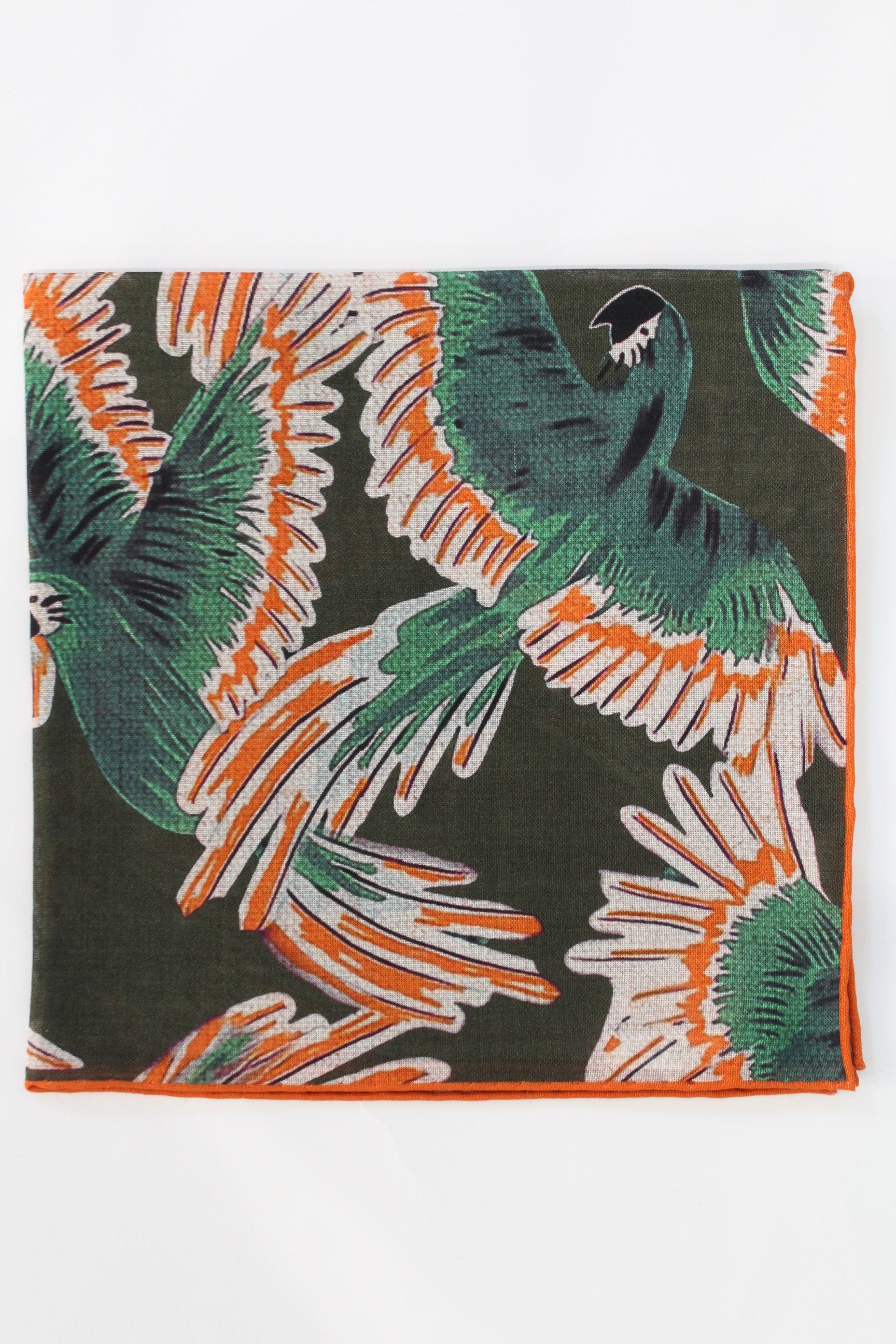 Wild Parrots Print Wool-Silk Pocket Square( Green)