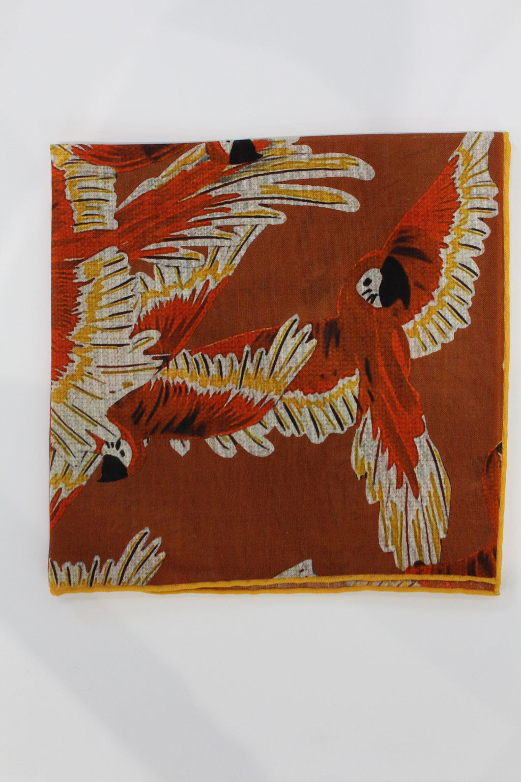 Wild Parrots Print Wool-Silk Pocket Square( Burnt Orange)