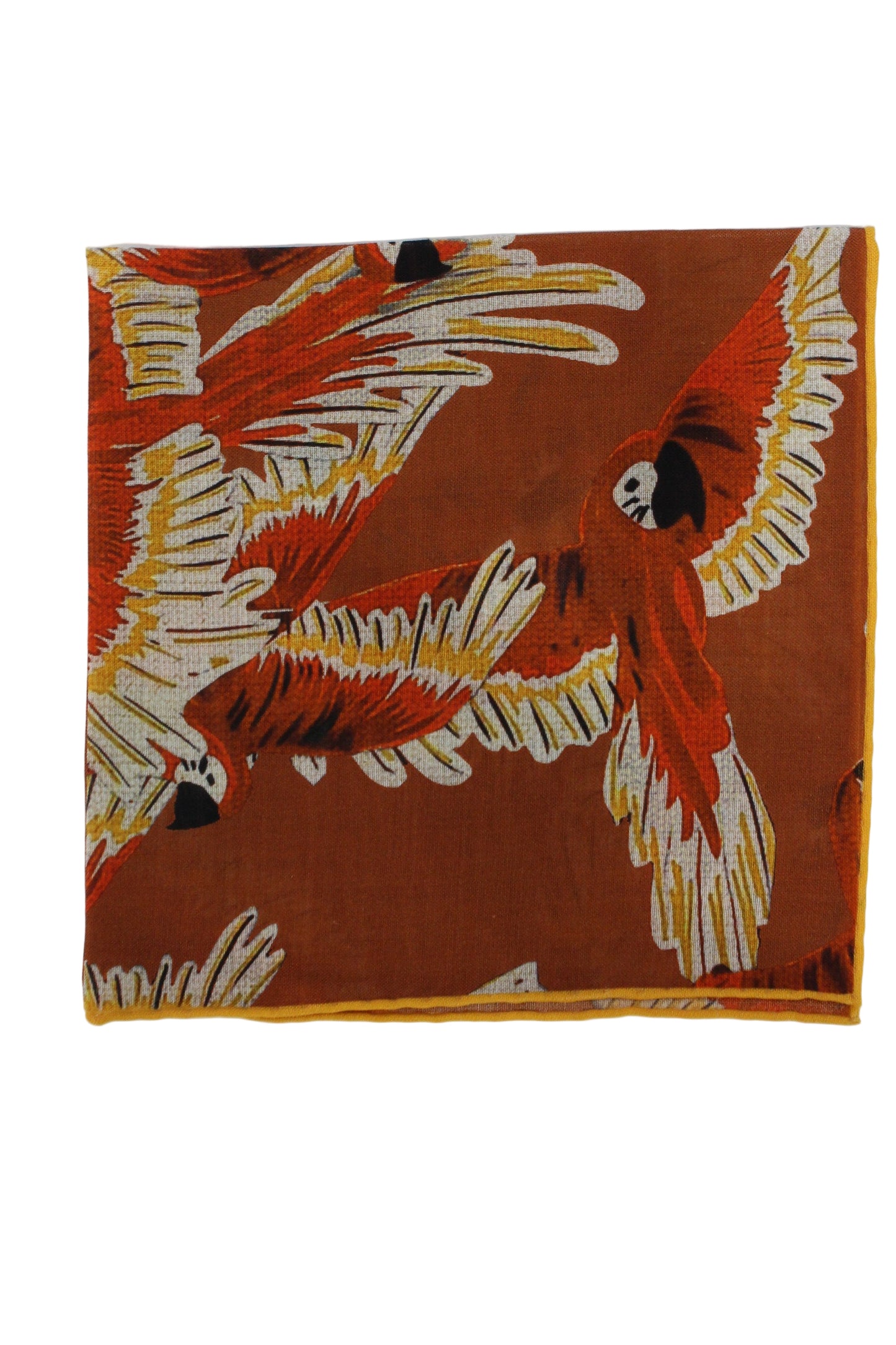 Wild Parrots Print Wool-Silk Pocket Square( Burnt Orange)