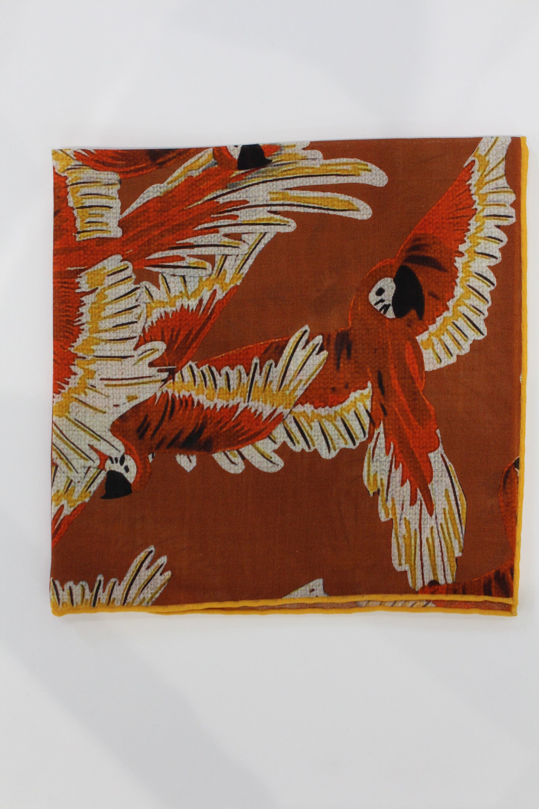 Wild Parrots Print Wool-Silk Pocket Square( Burnt Orange)
