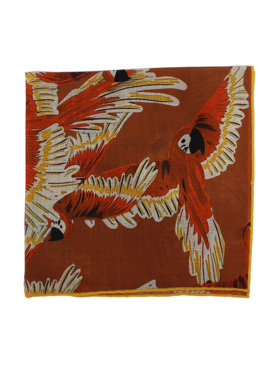 Wild Parrots Print Wool-Silk Pocket Square( Burnt Orange)