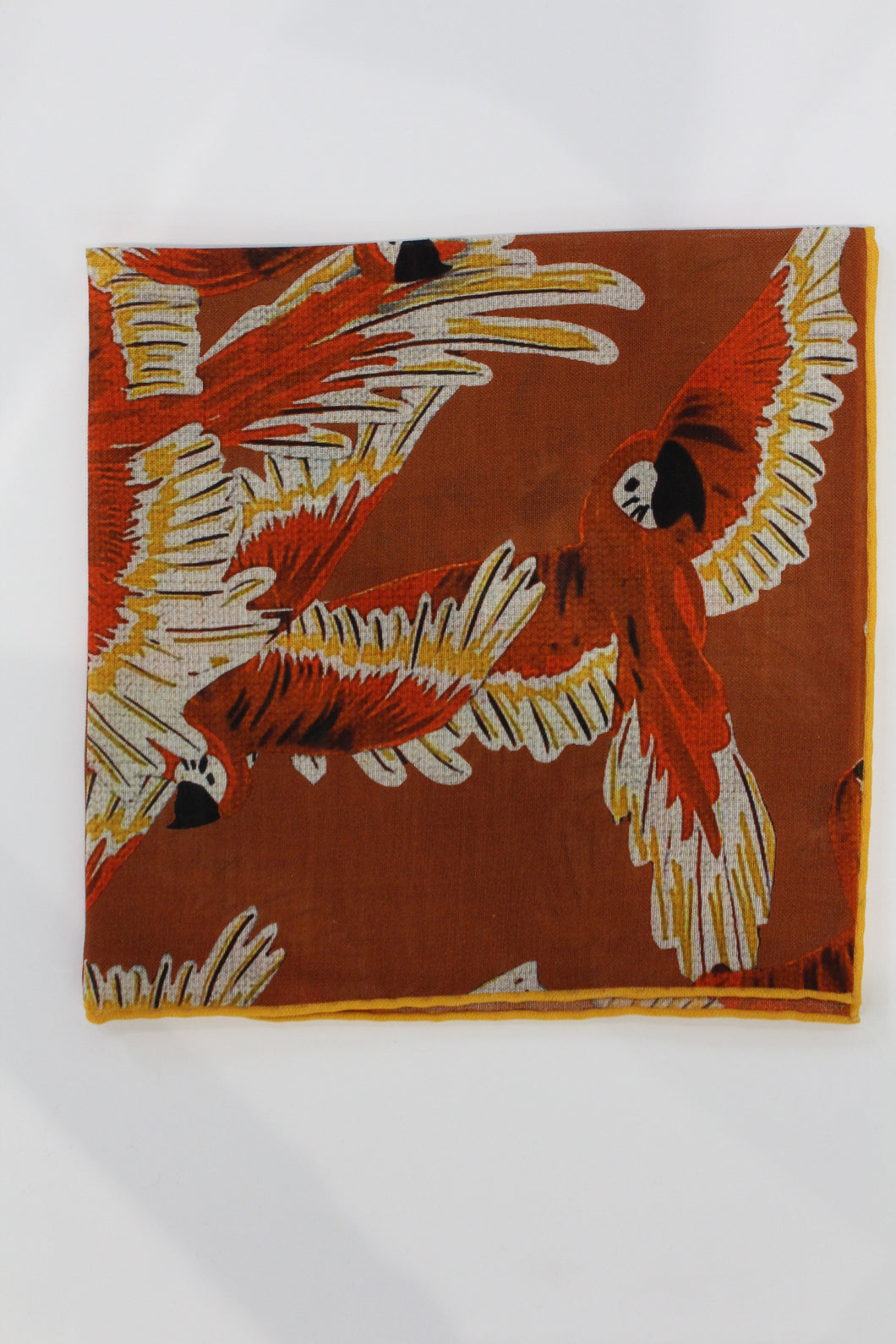 Wild Parrots Print Wool-Silk Pocket Square( Burnt Orange)