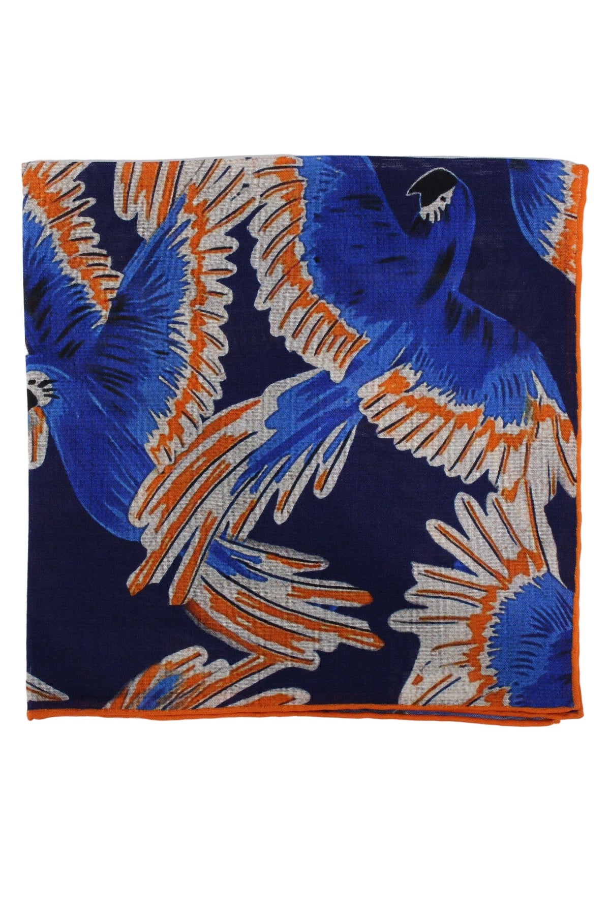 Wild Parrots Print Wool-Silk Pocket Square( Blue)