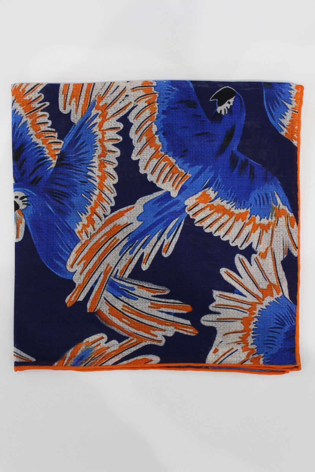 Limited Edition of Six Wild Parrots Print Wool-Silk Pocket Square( Blue)