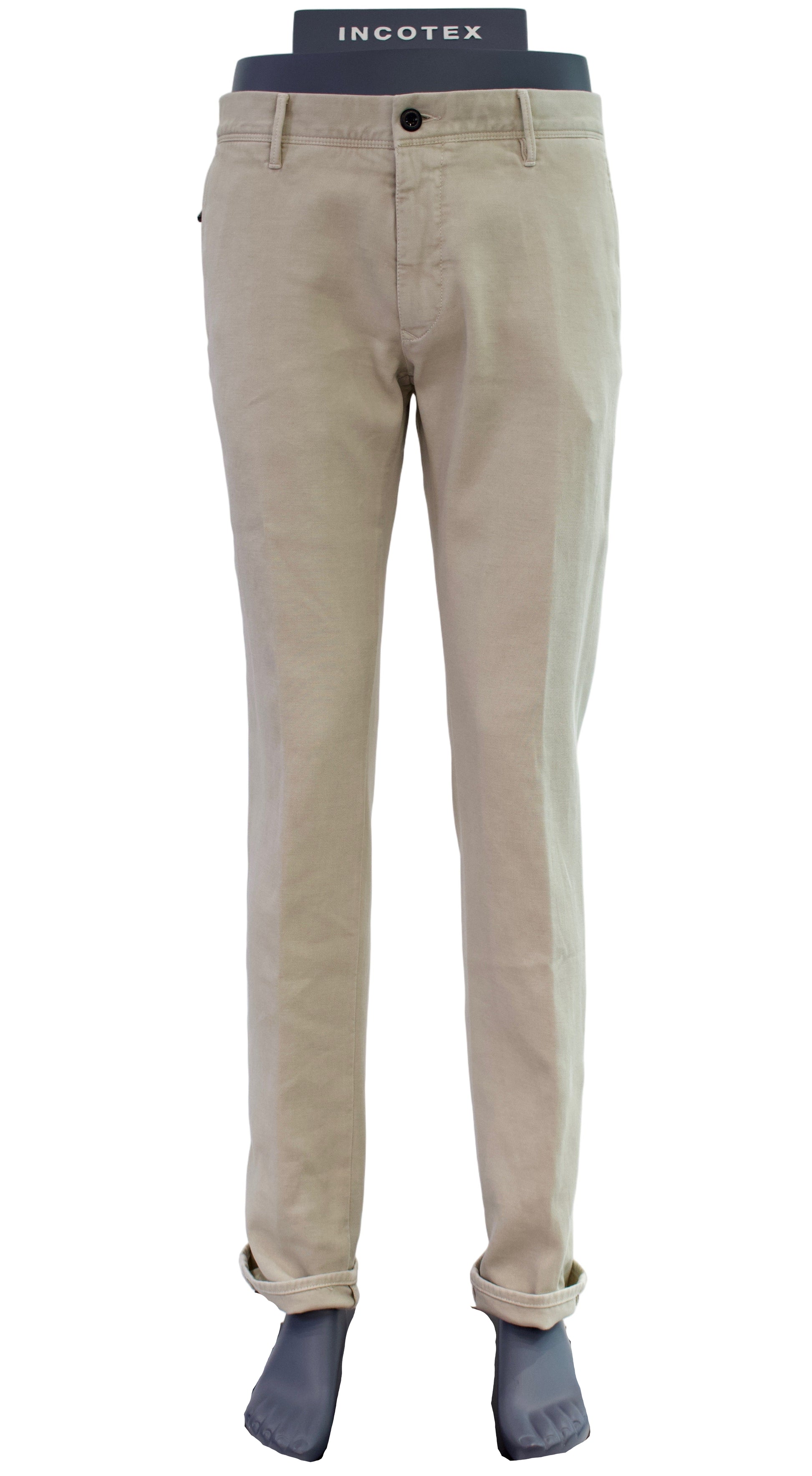 Beige pants on a mannequin with 'INCOTEX' label against a white background