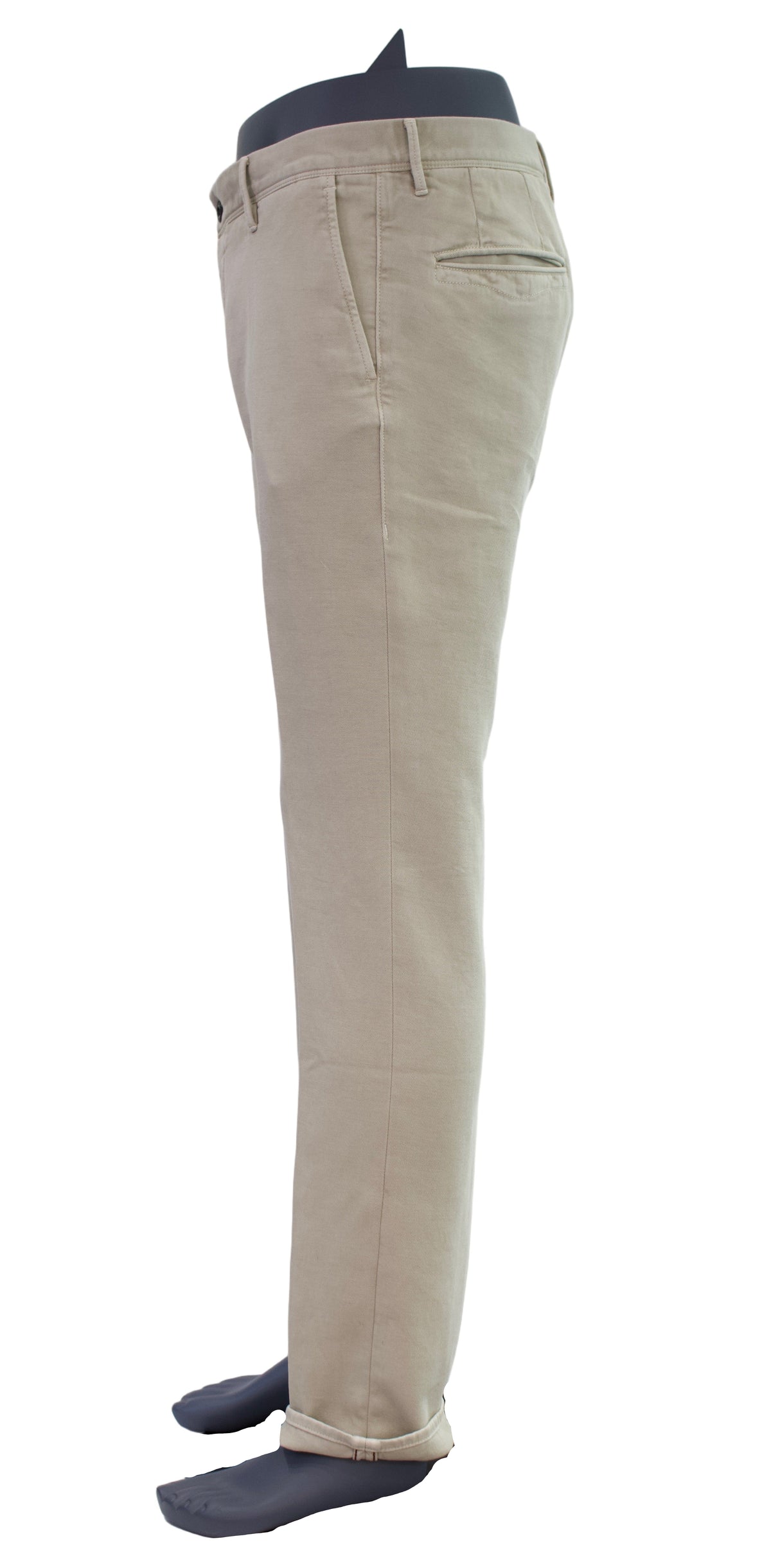 Beige pants displayed on a mannequin against a white background