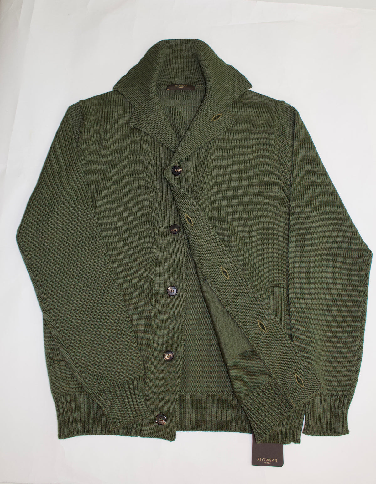 Slowear Open Collar Virgin Wool Cardigan, Olive Green