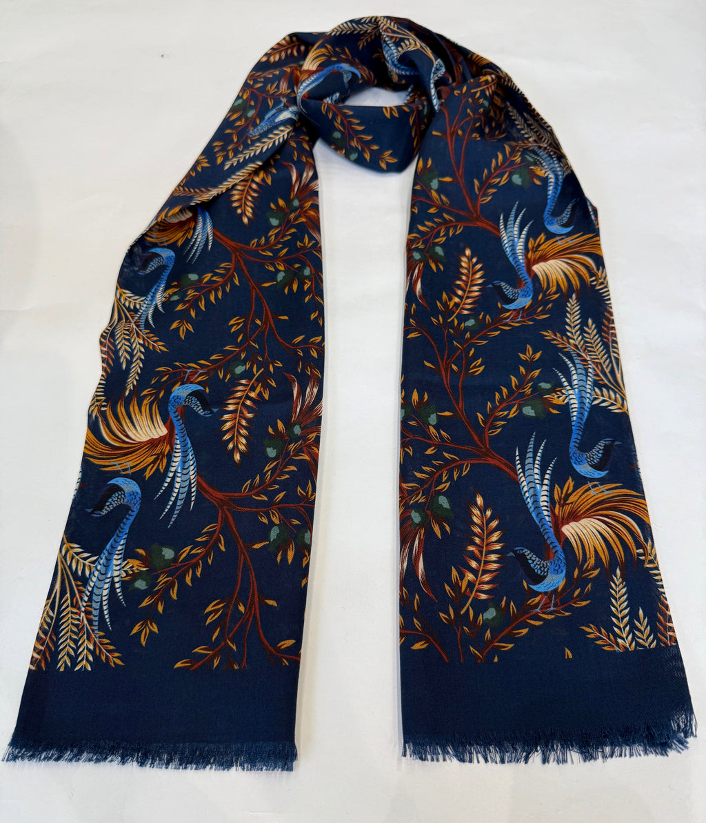 Birds of Paradise Print Wool & Silk Scarf, Navy