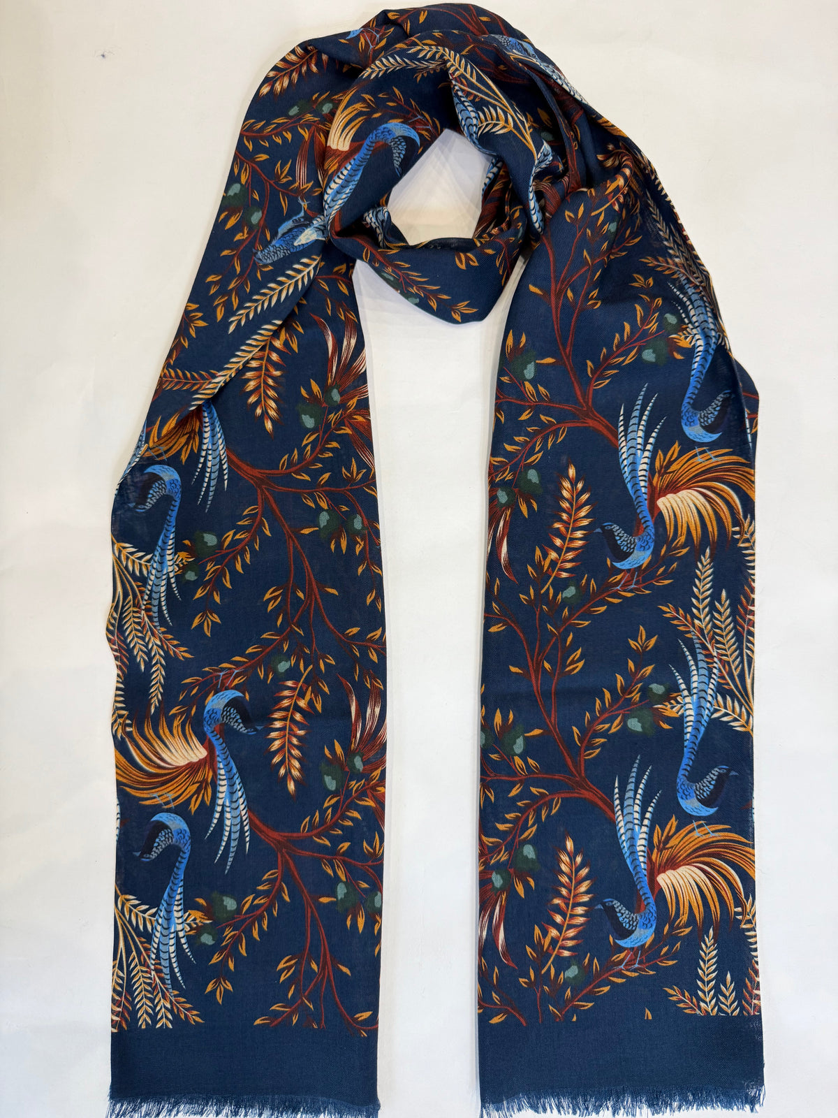 Birds of Paradise Print Wool & Silk Scarf, Navy