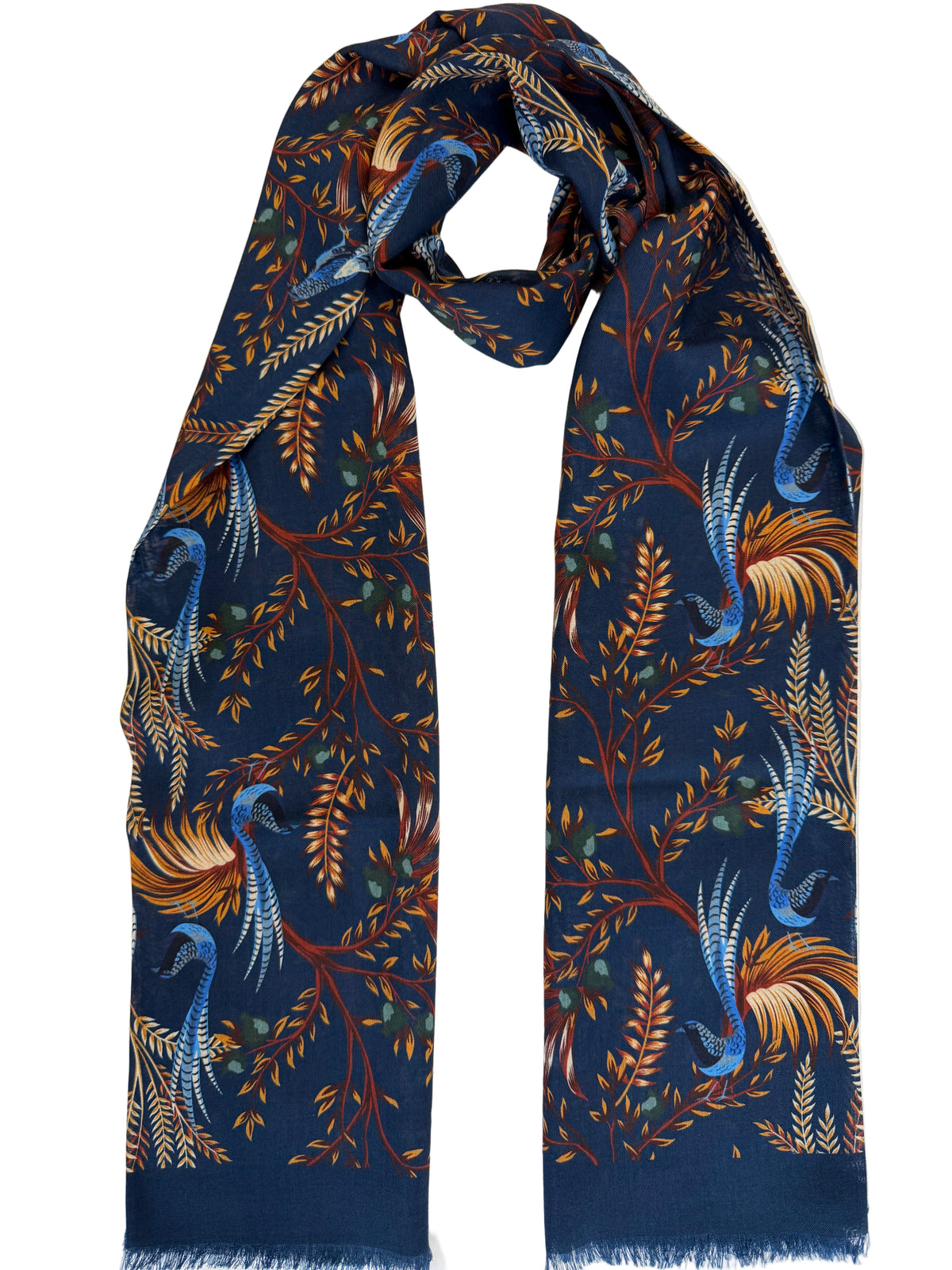 Birds of Paradise Print Wool & Silk Scarf, Navy
