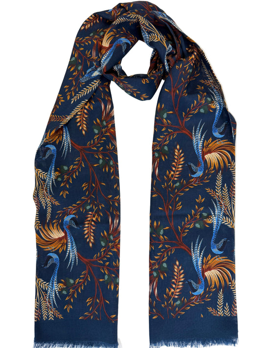 Birds of Paradise Print Wool & Silk Scarf, Navy