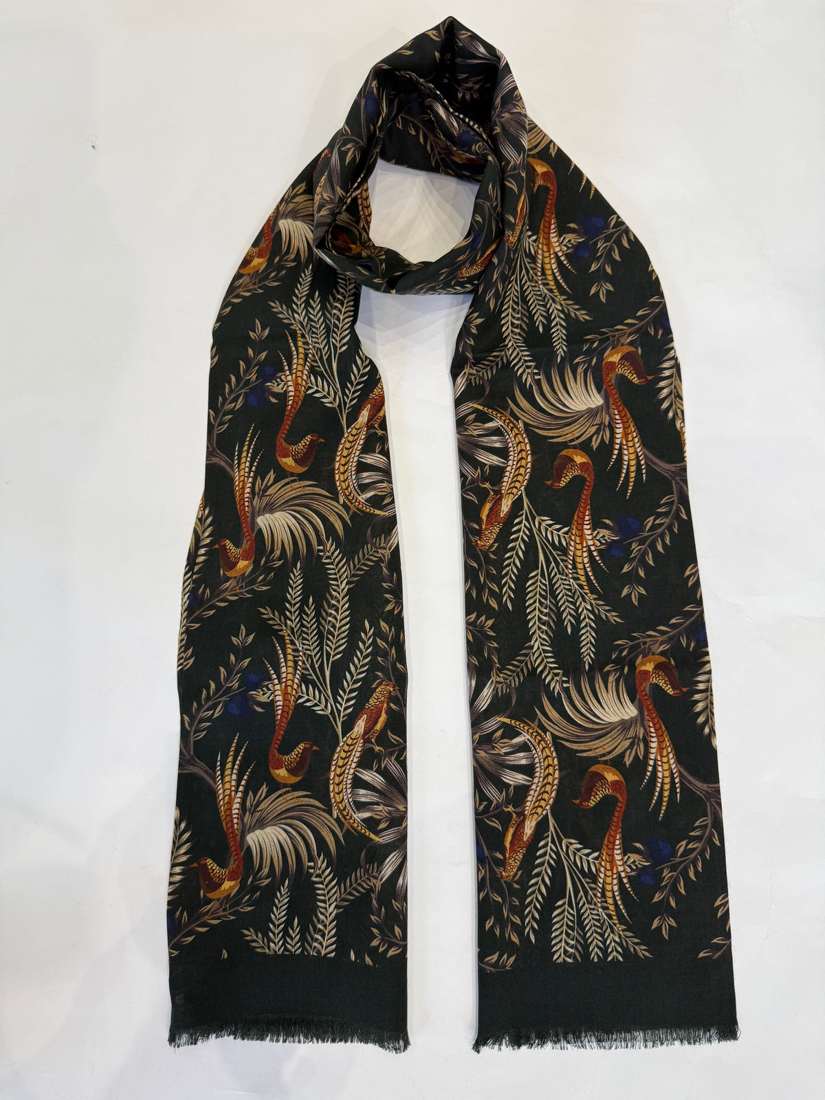 Birds of Paradise Print Wool & Silk Scarf, Olive