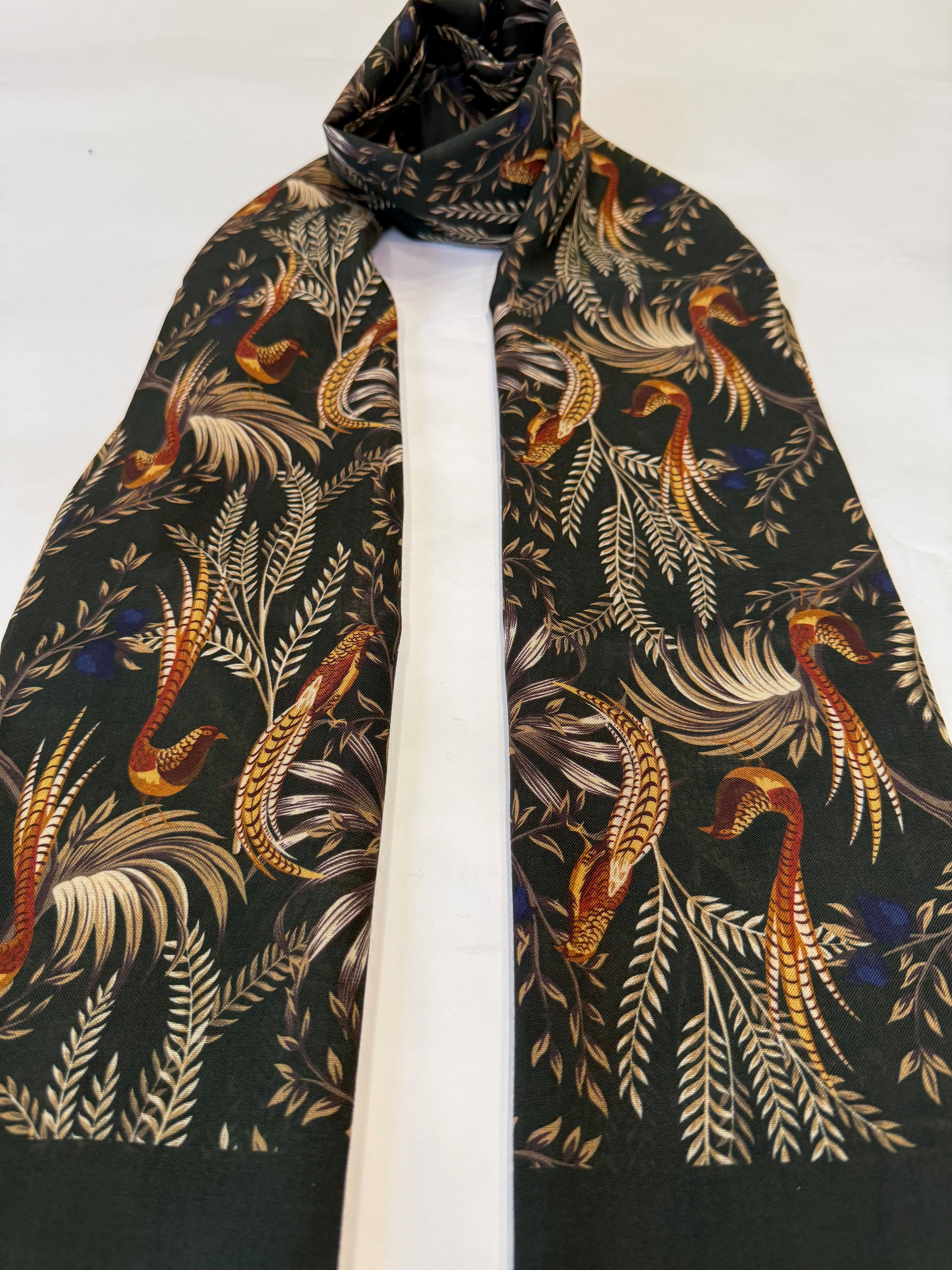 Birds of Paradise Print Wool & Silk Scarf, Olive