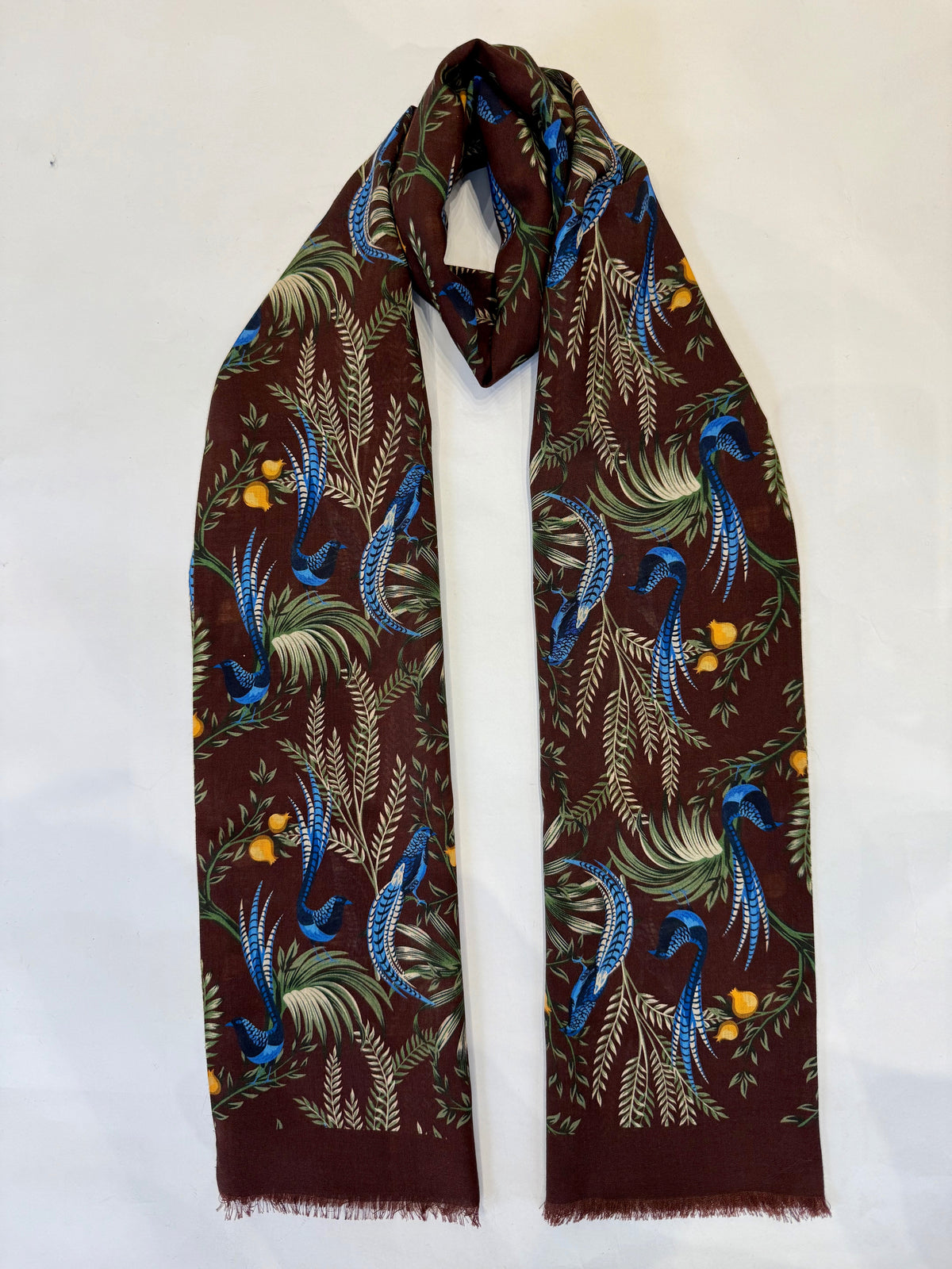 Birds of Paradise Print Wool-Silk Scarf, Burgundy