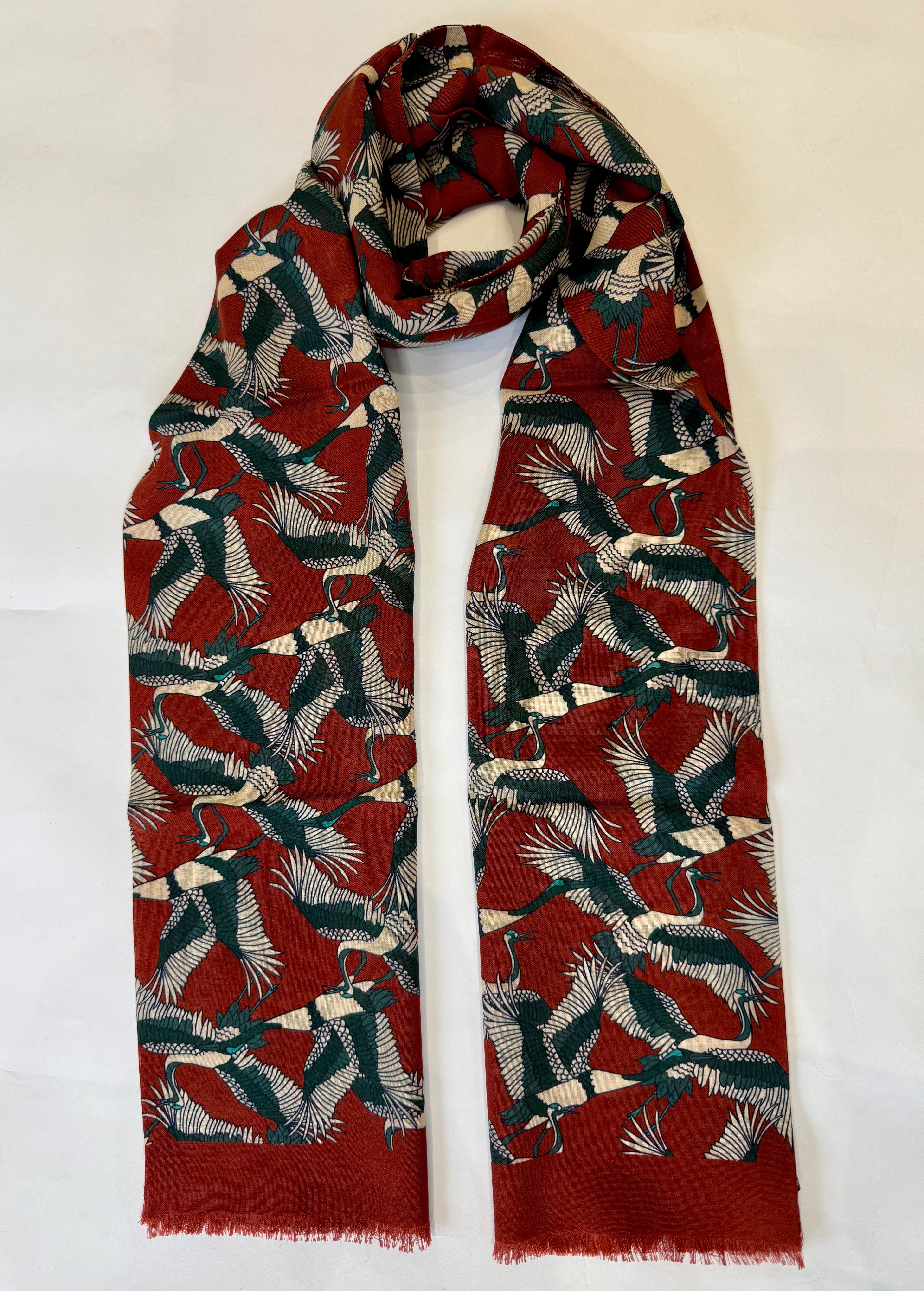 Japanese Cranes Print Wool & Silk Scarf, Rust