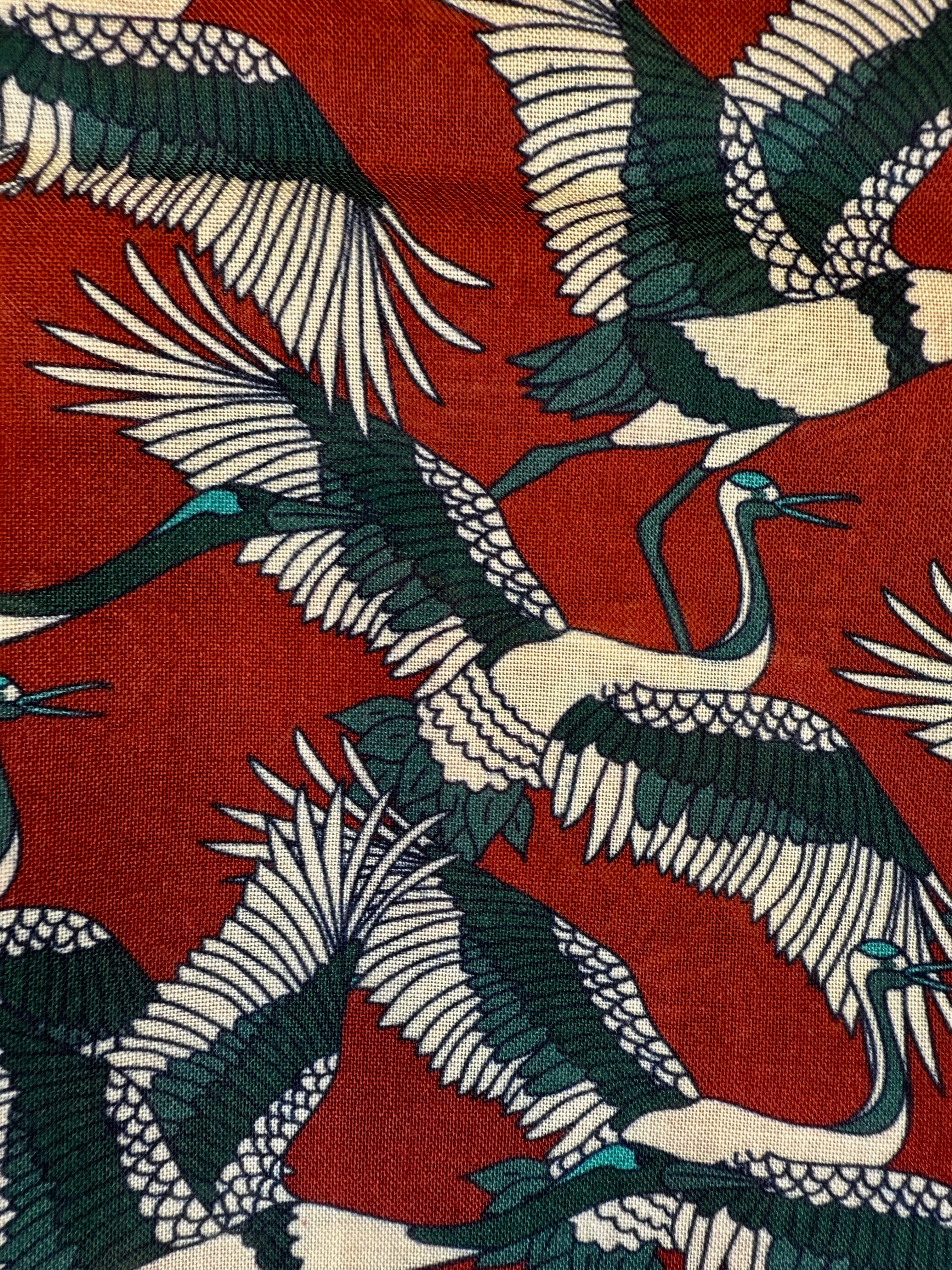 Japanese Cranes Print Wool & Silk Scarf, Rust