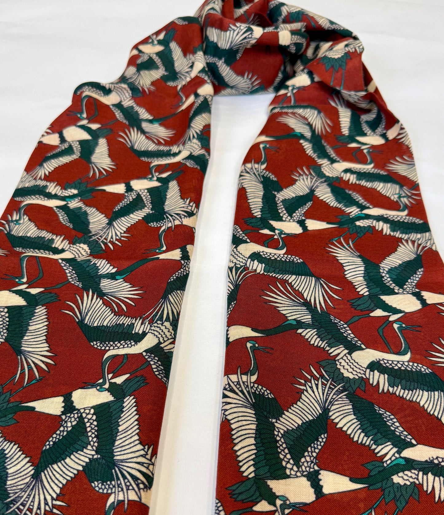 Japanese Cranes Print Wool & Silk Scarf, Rust
