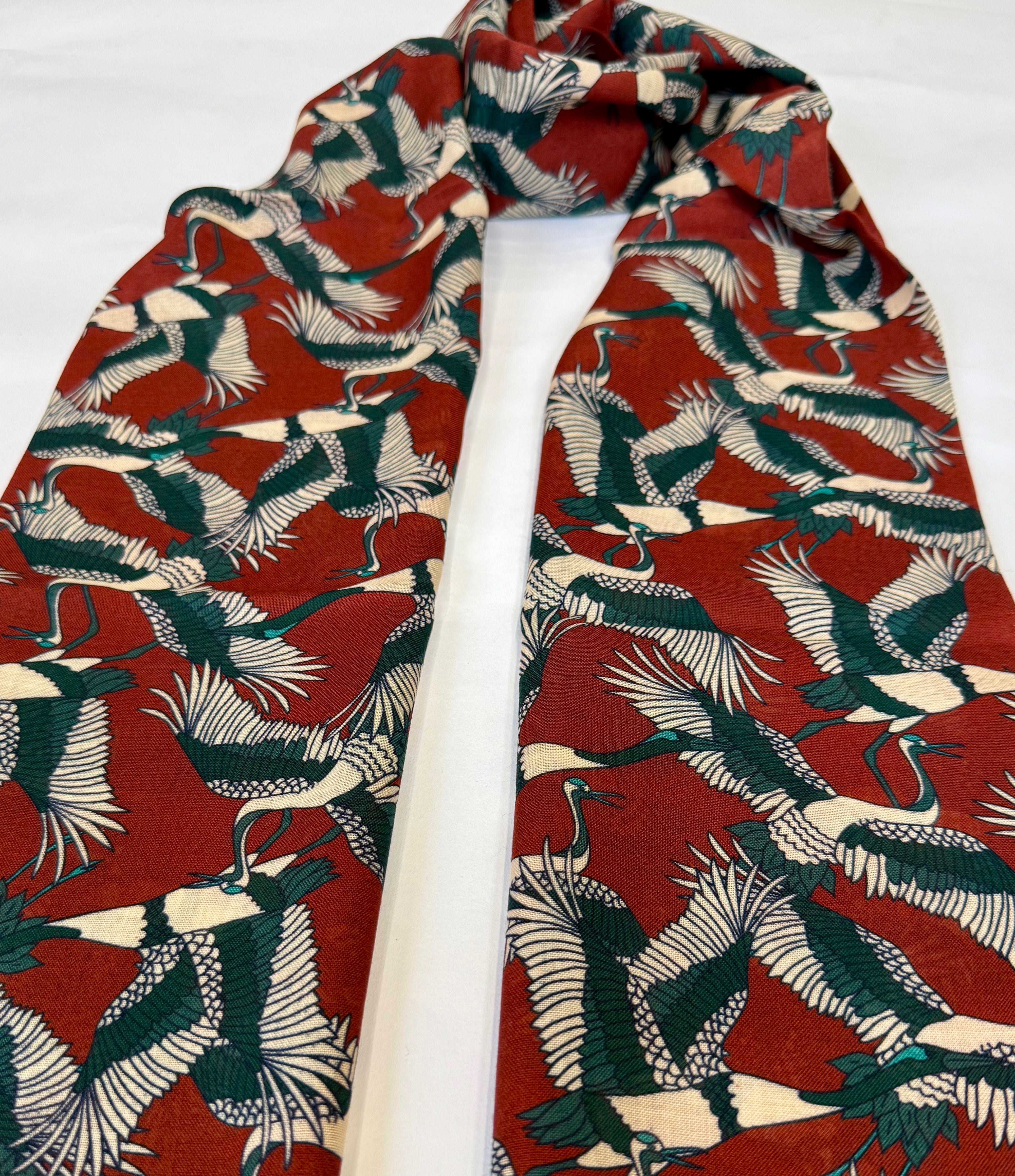 Japanese Cranes Print Wool & Silk Scarf, Rust