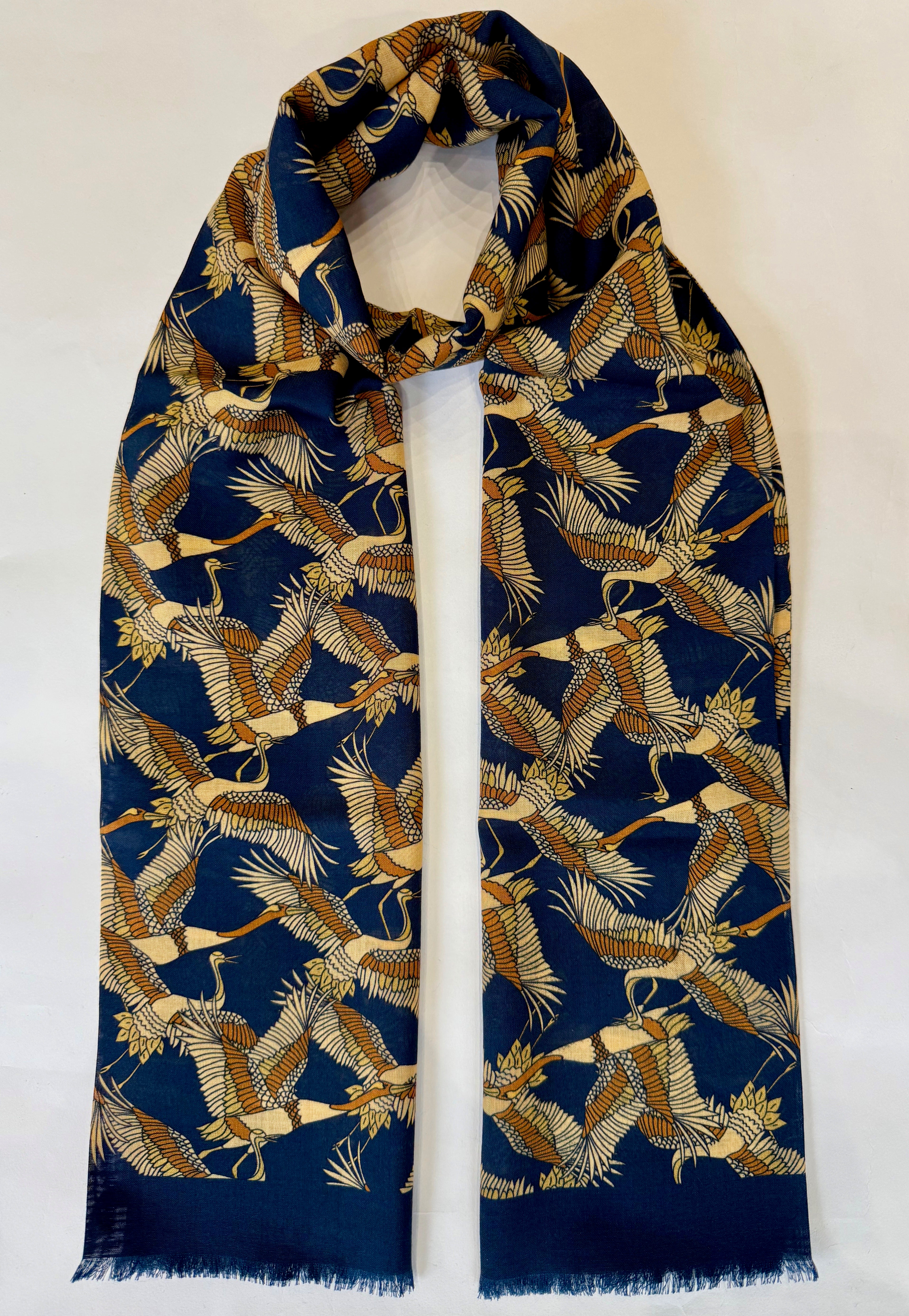 Japanese Cranes Print Wool Silk Scarf, Indigo