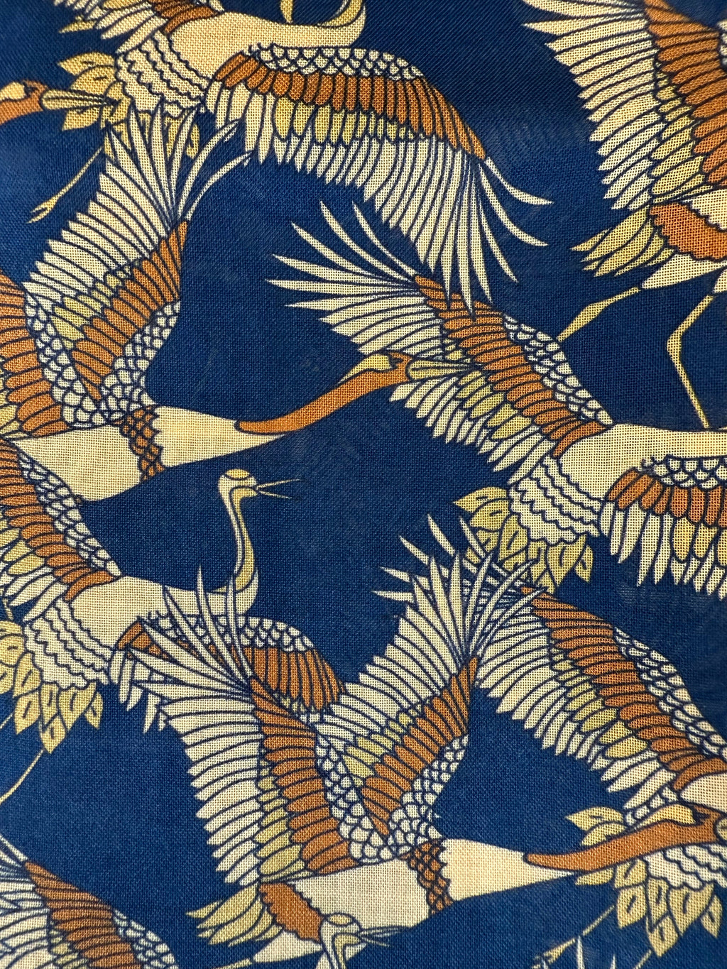 Japanese Cranes Print Wool Silk Scarf, Indigo