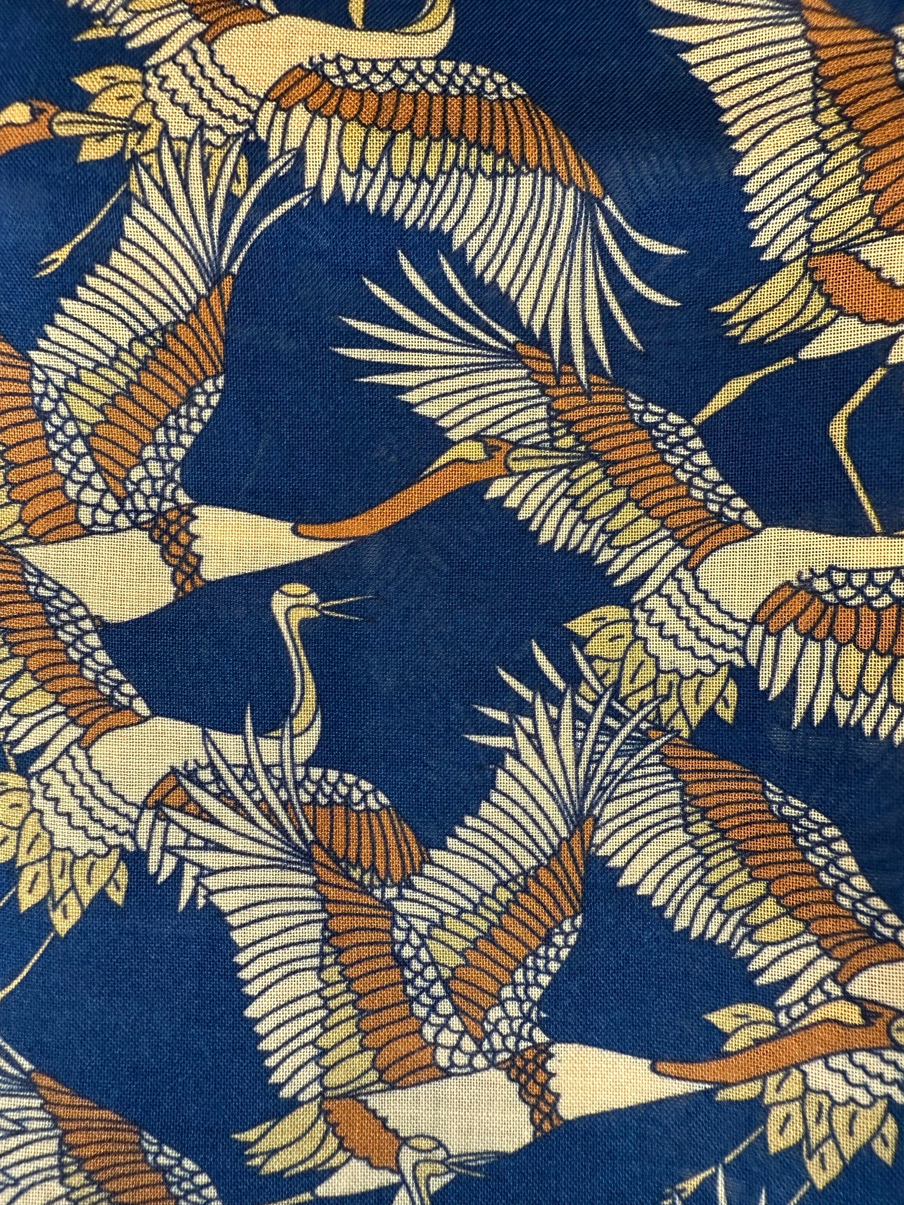 Japanese Cranes Print Wool Silk Scarf, Indigo