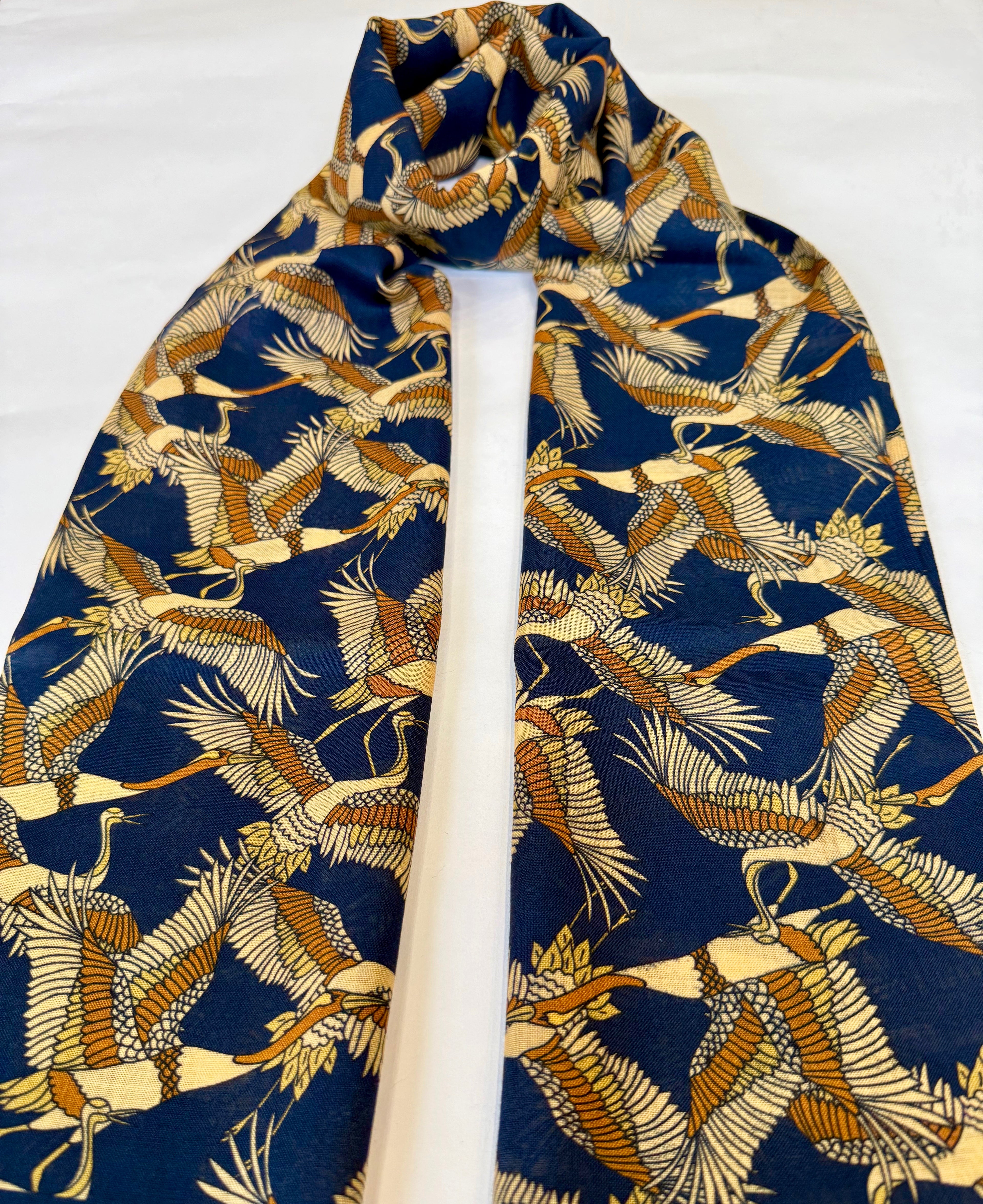 Japanese Cranes Print Wool Silk Scarf, Indigo
