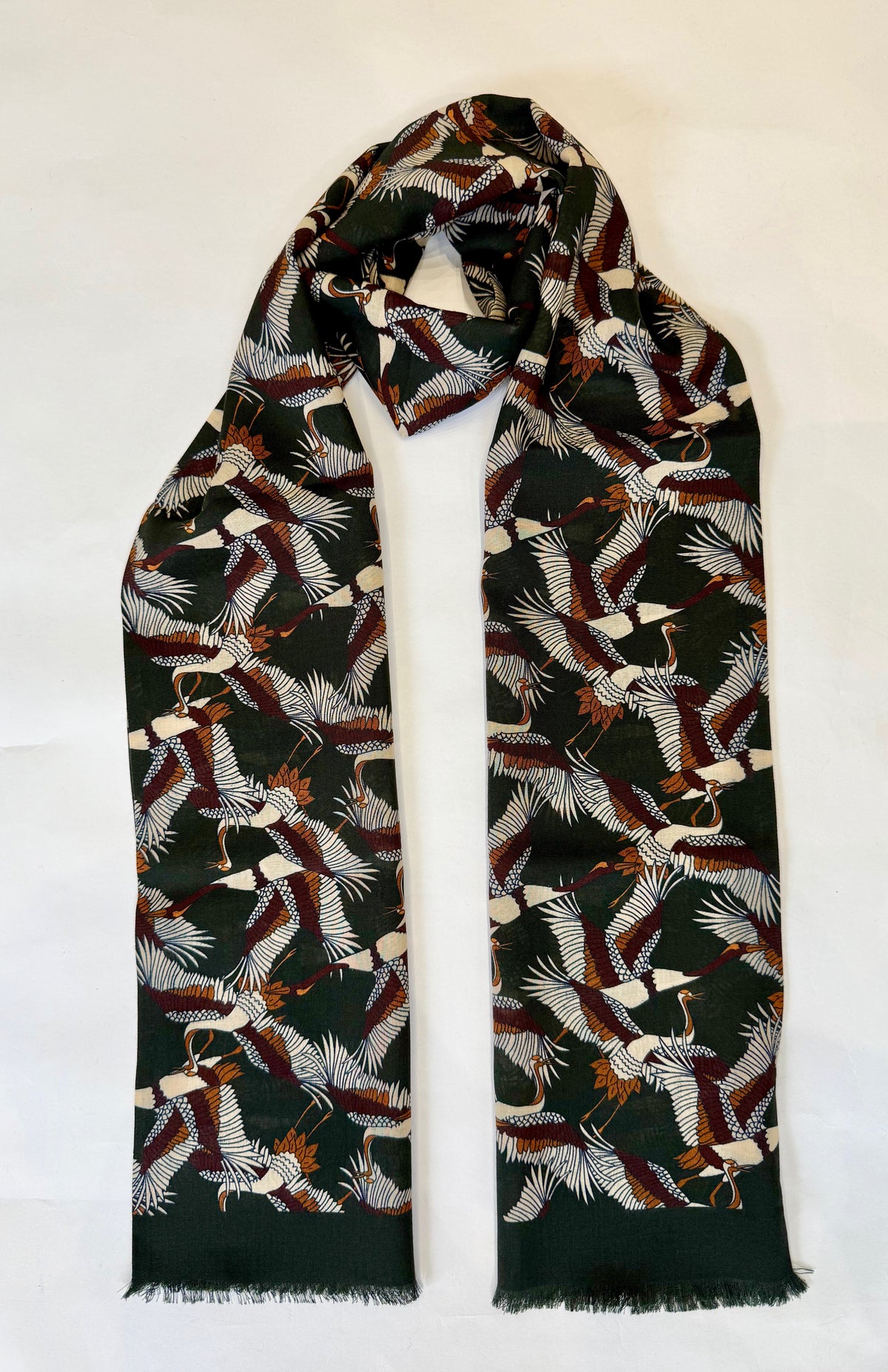 Japanese Cranes Print Wool & Silk Scarf, Olive