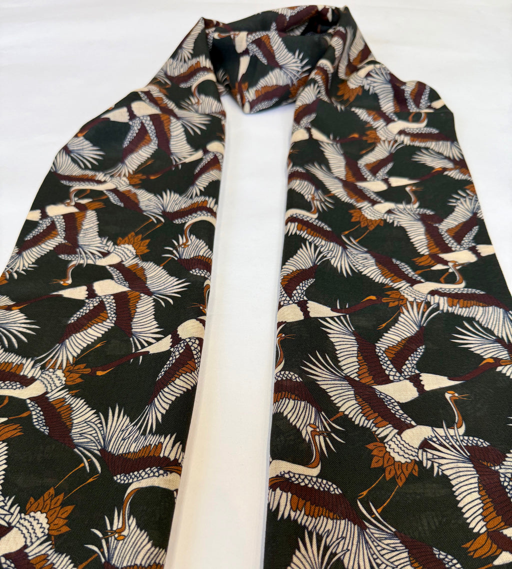 Japanese Cranes Print Wool & Silk Scarf, Olive