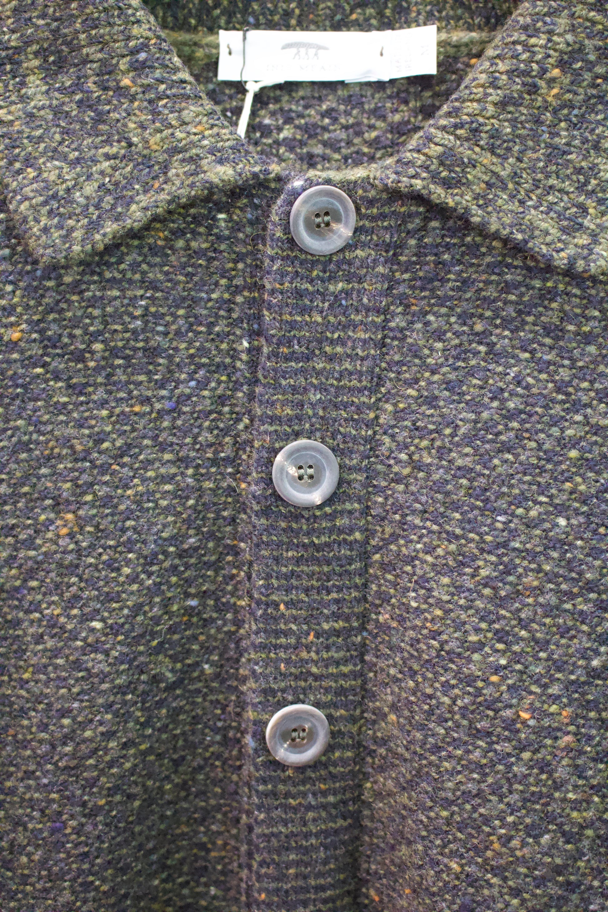 Inis Meain Cashmere & Merino Wool Breiden Shirt Jacket in Olive Donegal fleck from Inis Meain