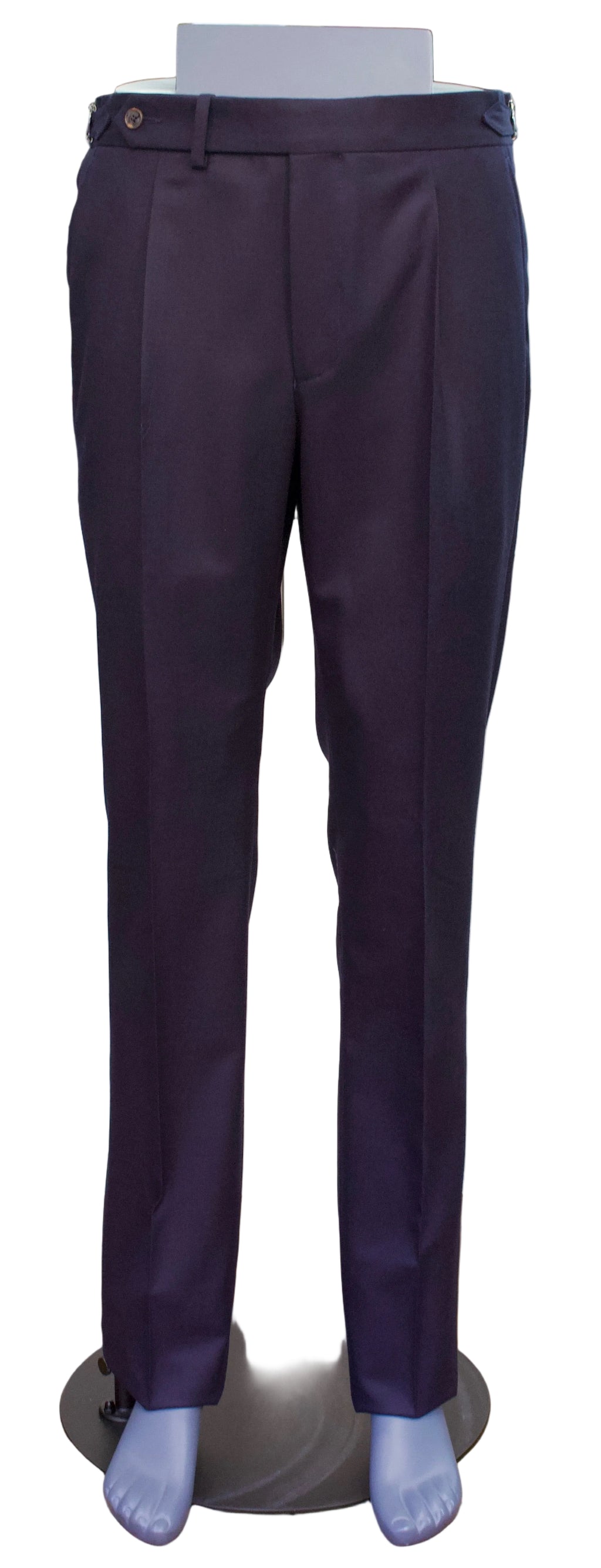Deep navy wool trousers displayed on a mannequin made from high quality italian fabric.