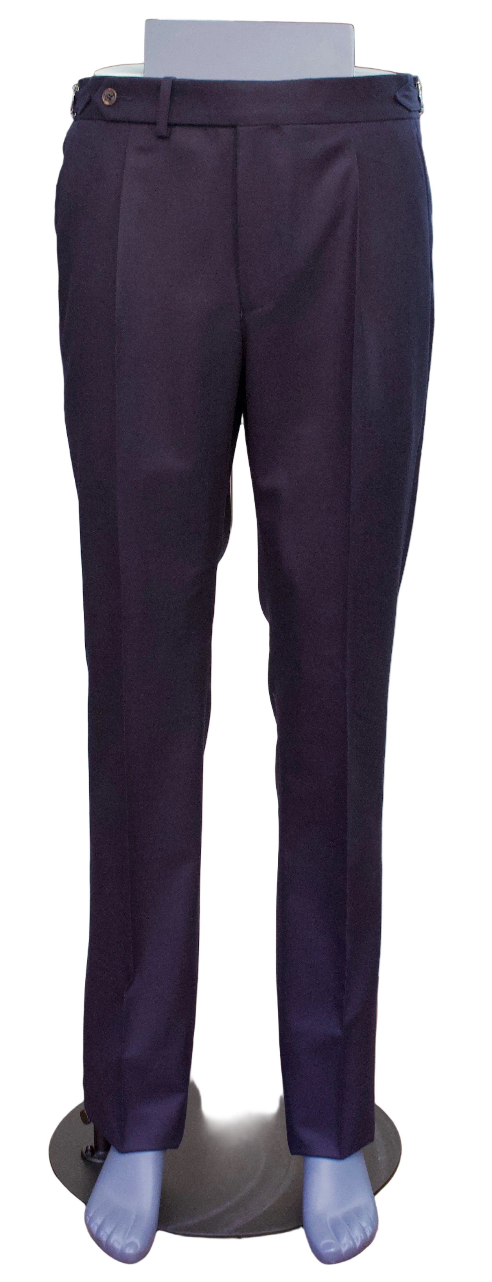 Deep navy wool trousers displayed on a mannequin made from high quality italian fabric.