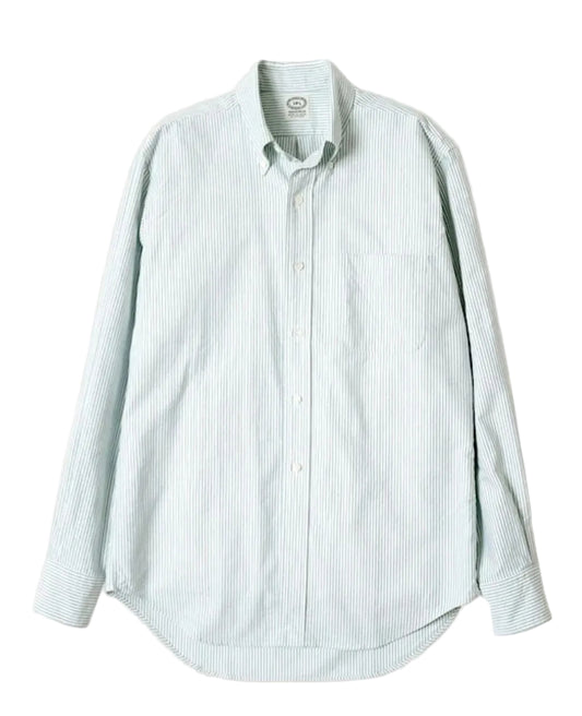 A light Green and white vertically striped long-sleeve button-down shirt, shown flat against a solid pale beige background.