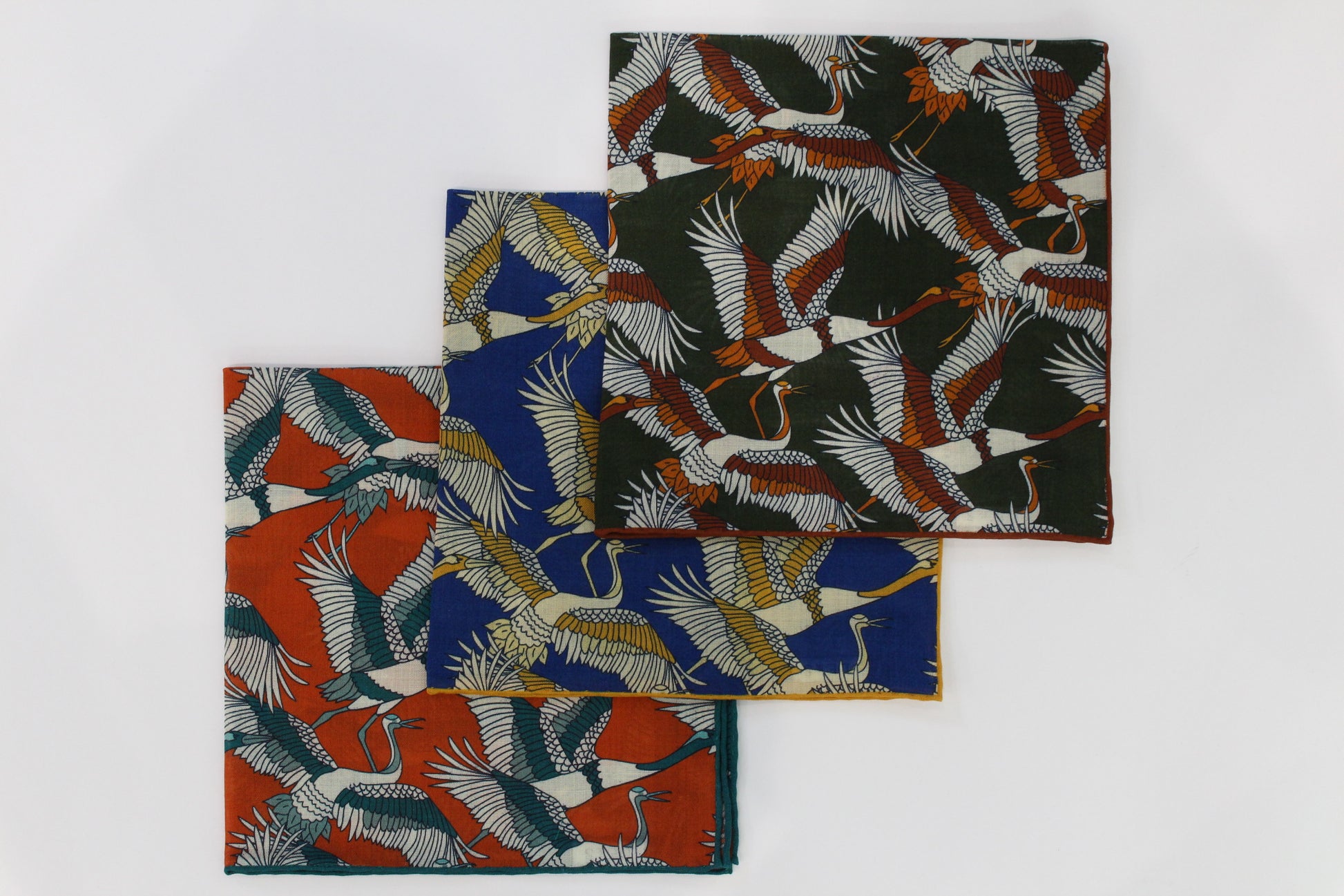 Limited Edition of Six Crane Print Wool-Silk Pocket Square