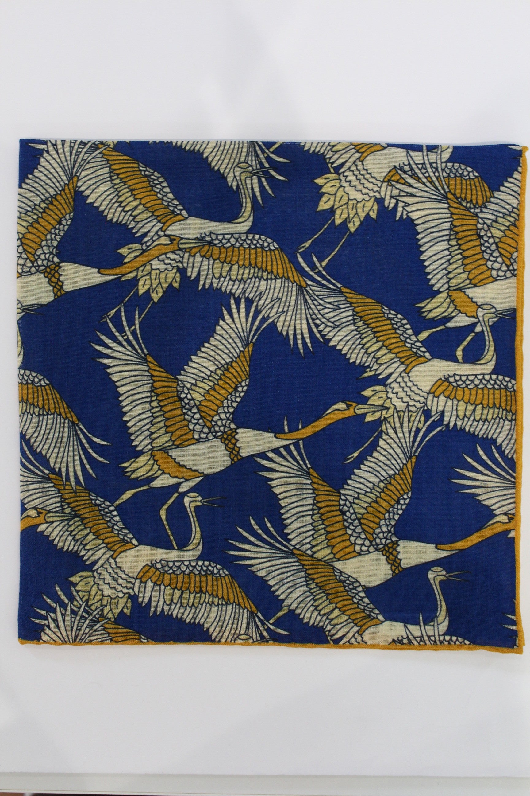 Limited Edition of Six Crane Print Wool-Silk Pocket Square( Blue)