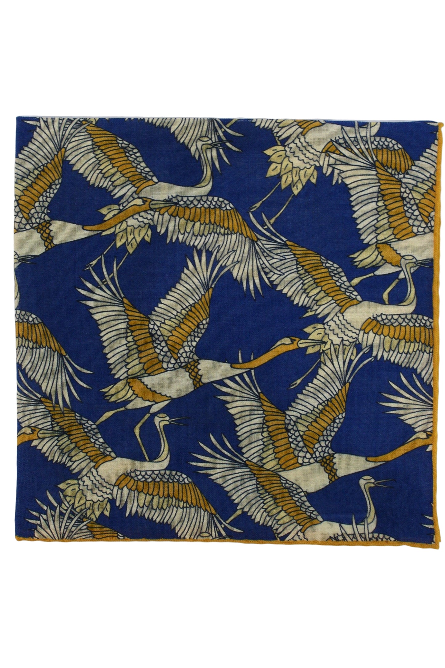 Limited Edition of Six Crane Print Wool-Silk Pocket Square( Blue)