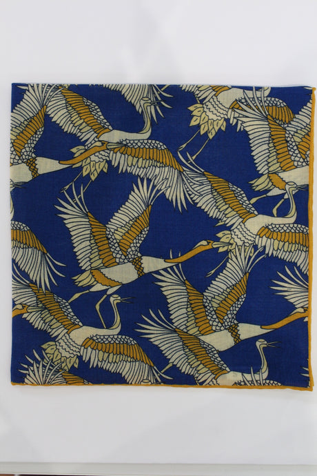 Limited Edition of Six Crane Print Wool-Silk Pocket Square( Blue)