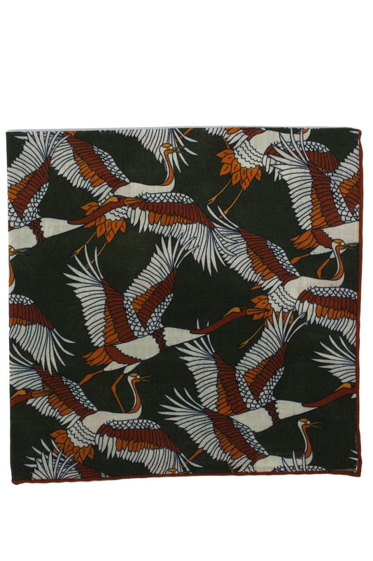 Limited Edition of Six Crane Print Wool-Silk Pocket Square( Green)