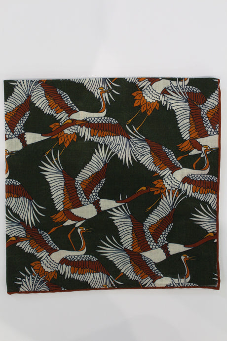 Limited Edition of Six Crane Print Wool-Silk Pocket Square( Green)