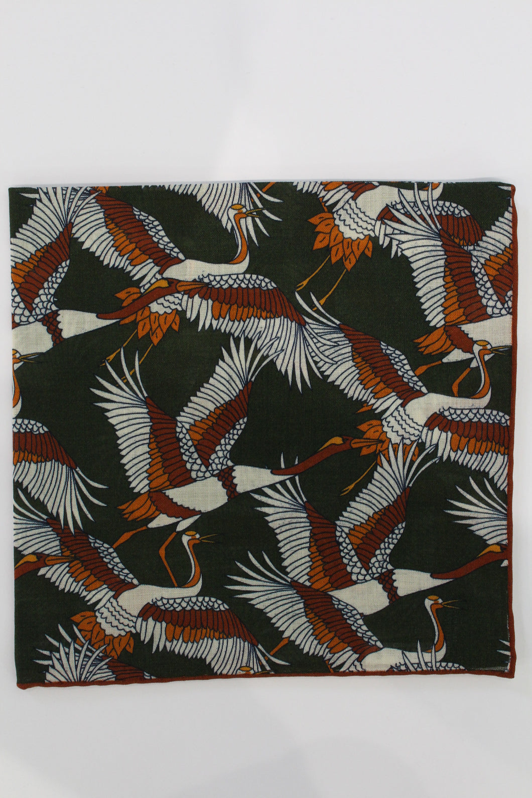 Limited Edition of Six Crane Print Wool-Silk Pocket Square( Green)