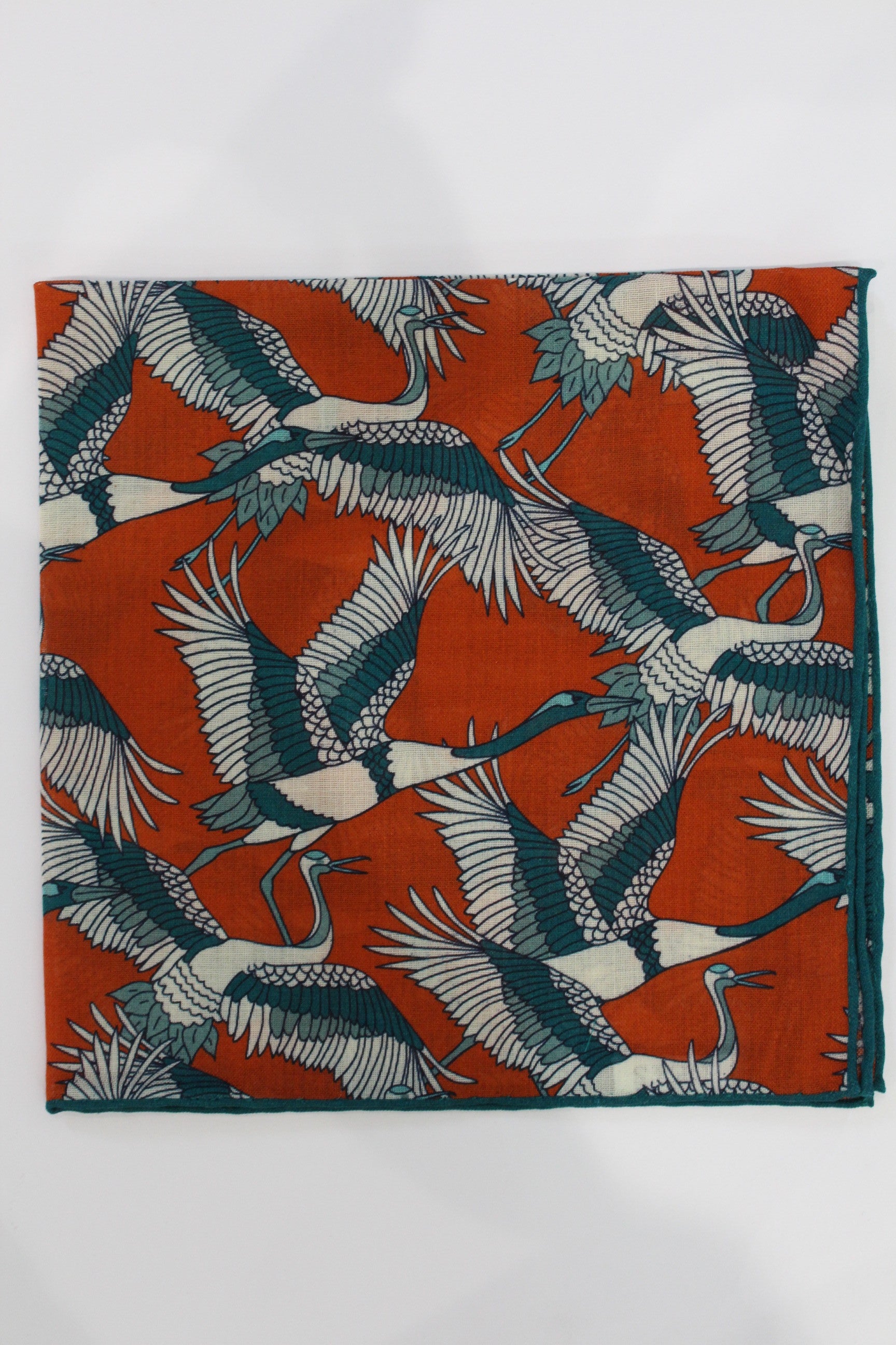 Limited Edition of Six Crane Print Wool-Silk Pocket Square( Orange)