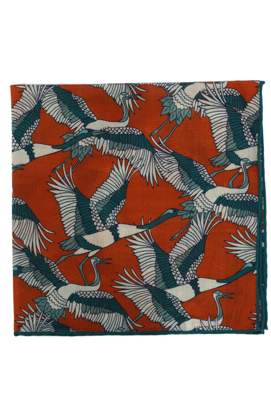 Limited Edition of Six Crane Print Wool-Silk Pocket Square( Orange)