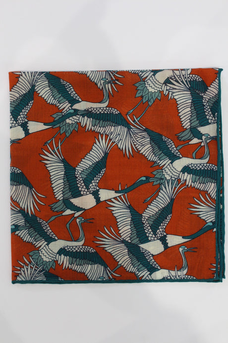 Limited Edition of Six Crane Print Wool-Silk Pocket Square( Orange)
