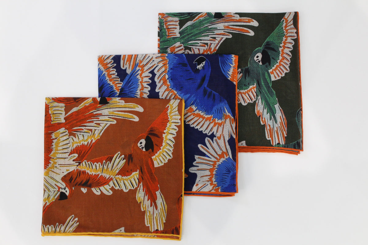 Limited Edition of Six Wild Parrots Print Wool-Silk Pocket Square