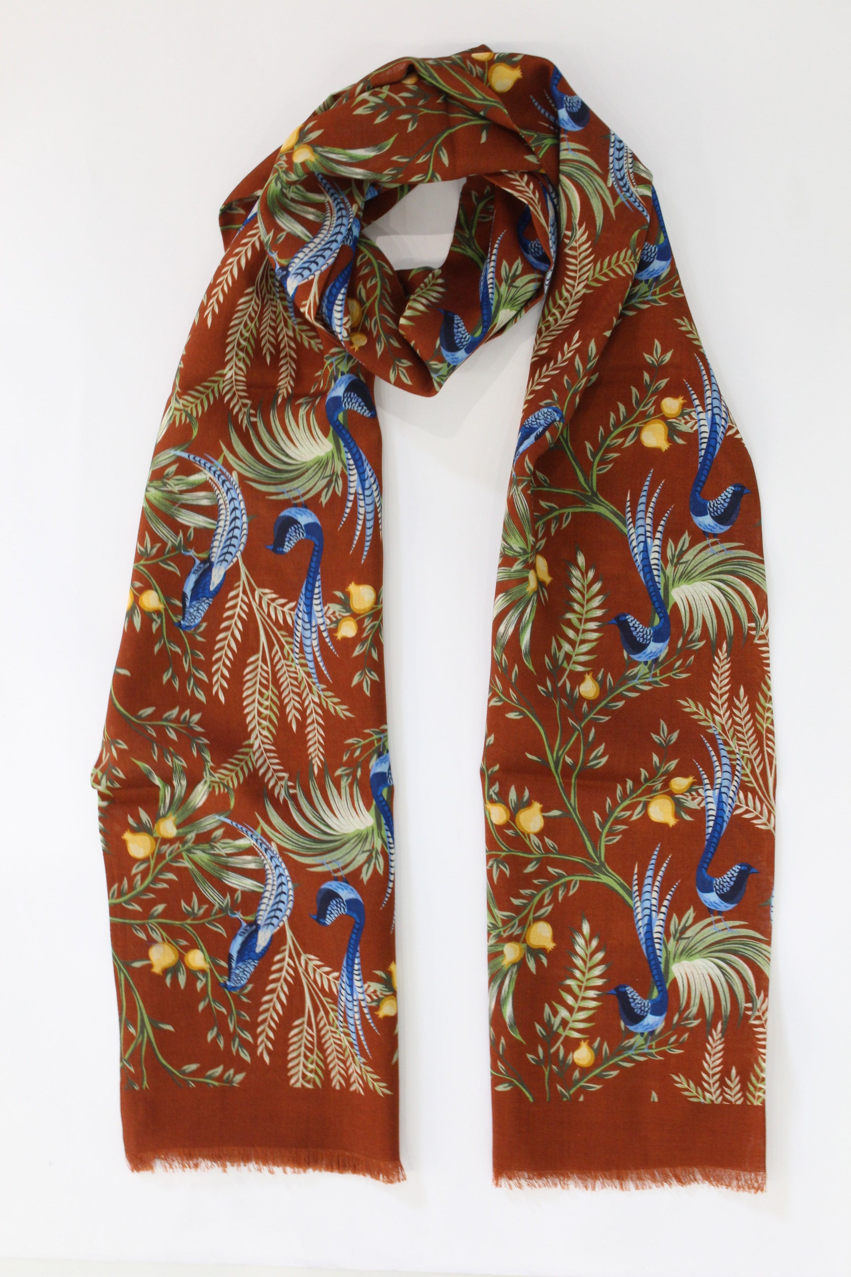 Limited Edition of Two Birds of Paradise Print Wool Silk Scarf Burnt doherty evans stott