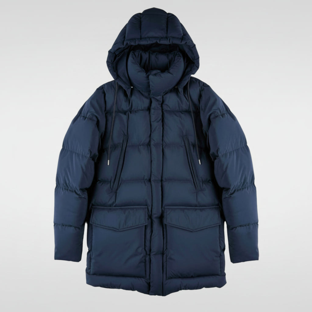Blue puffer jacket with a hood on a white background