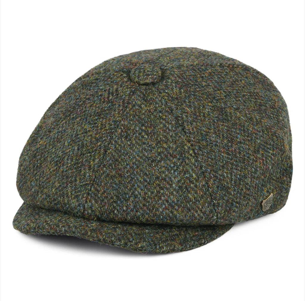 Harris Tweed Baker boy 8 panel Cap, Green Herringbone