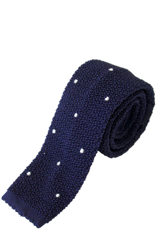 Navy Knitted Silk  & White Poka Dot Tie