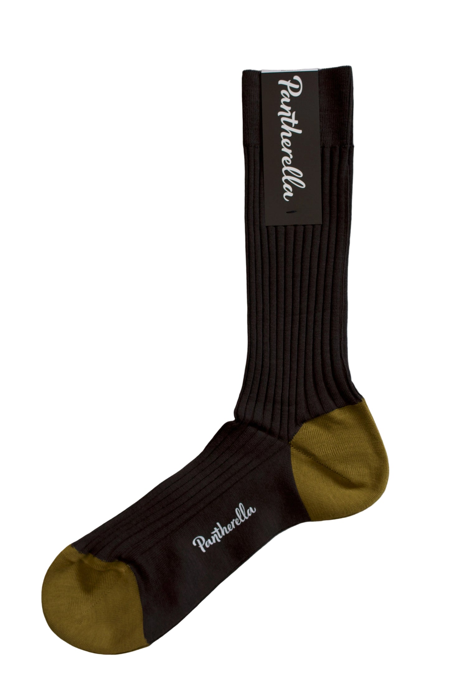 Pantherella Stratford ribbed crew sock in dark brown with olive green toe and heel sections, 