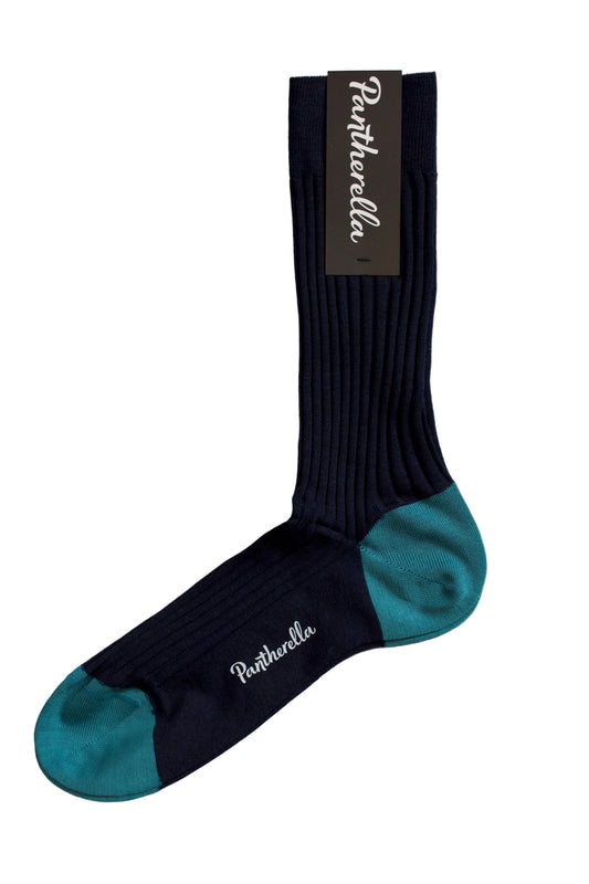 Pantherella Stratford Navy Socks
dark navy ribbed crew sock with teal toe and heel sections.
