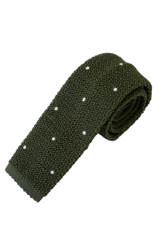 Silk Knitted Olive and White Poka Dot Tie